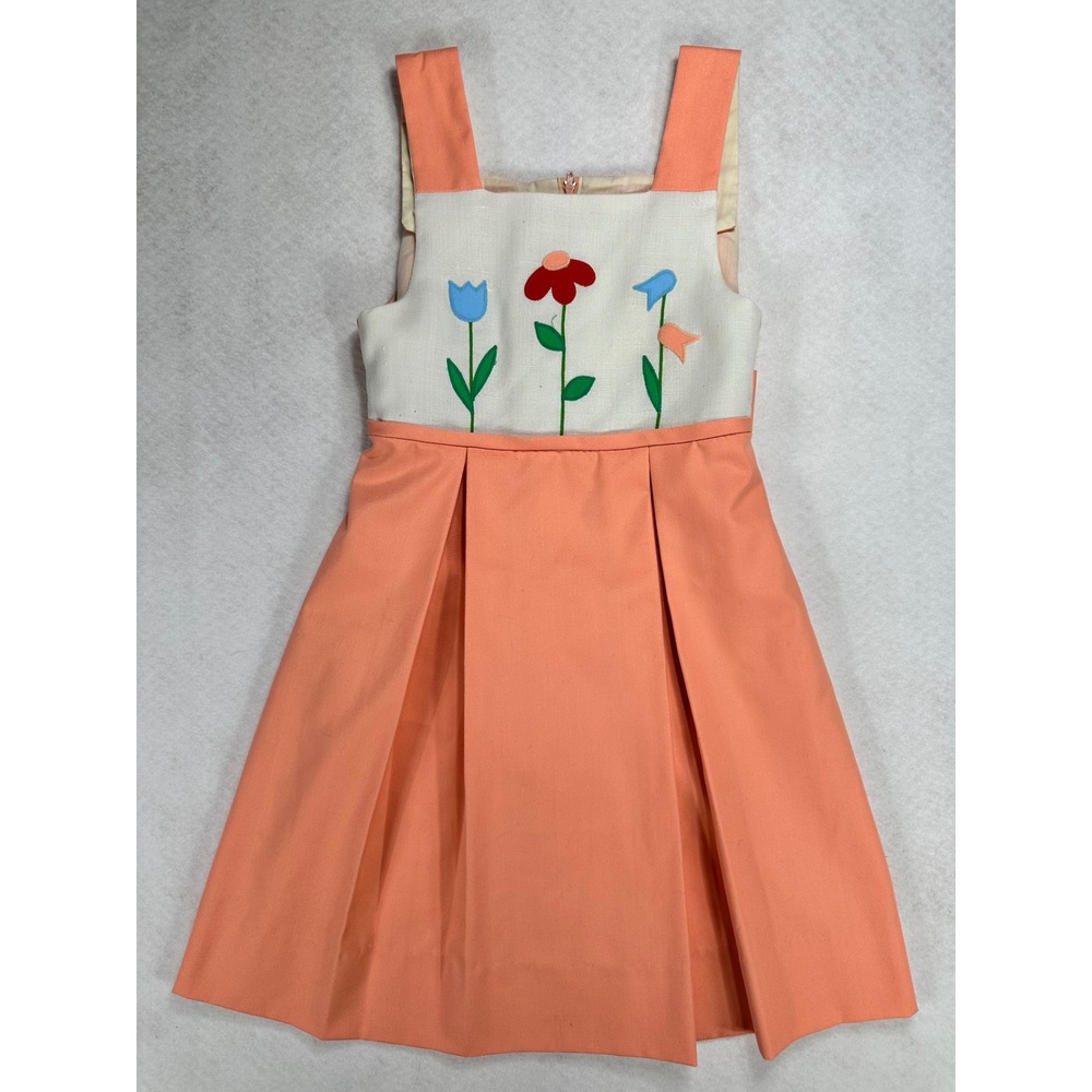 Sylvia Whyte Vintage Girls Floral Embroidered Jumper Dress Peach Pleated Sz 10